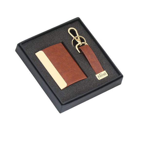 2-in-one-Set-(Leather-and-metal-golden-finish-key-chain-&-Visiting-Card)